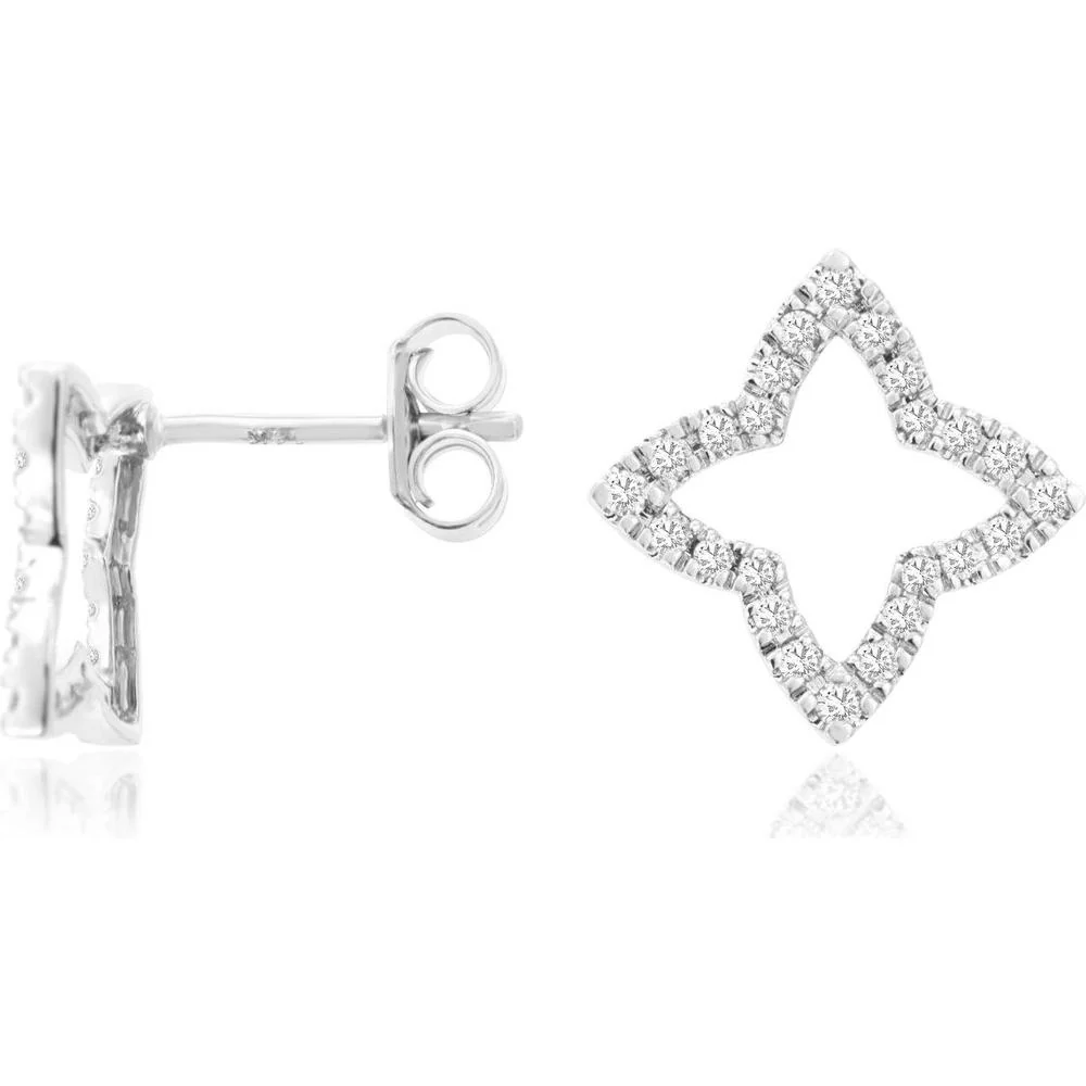 14K White Gold Open Star Motif Stud Earrings with Round Brilliant Diamonds - 0.33 Total Carat Weight - Royal Jewelry