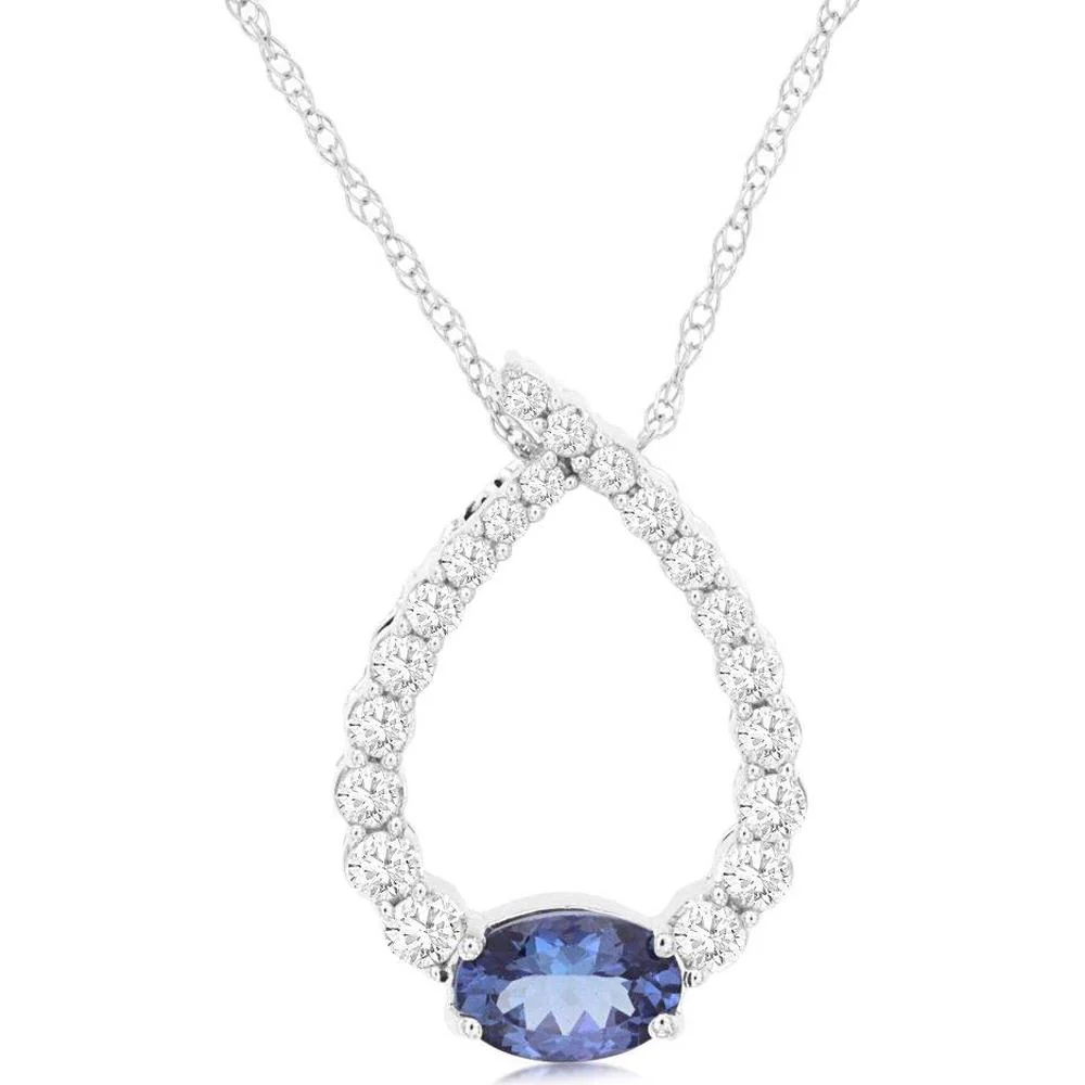 14K White Gold Open Teardrop Pendant with Oval Tanzanite and Round Diamond Accents - 0.50 Carat Tanzanite, 0.33 Carat Total Diamond Weight - Royal Jewelry