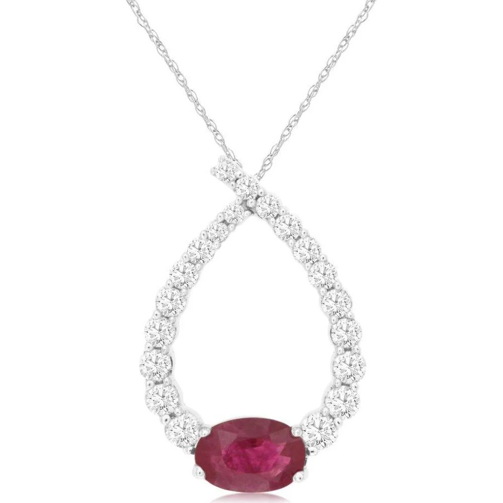 14K White Gold Open Teardrop Ruby and Diamond Pendant with Oval Ruby - 0.56 Carat Ruby Weight and 0.33 Carat Total Diamond Weight - Royal Jewelry