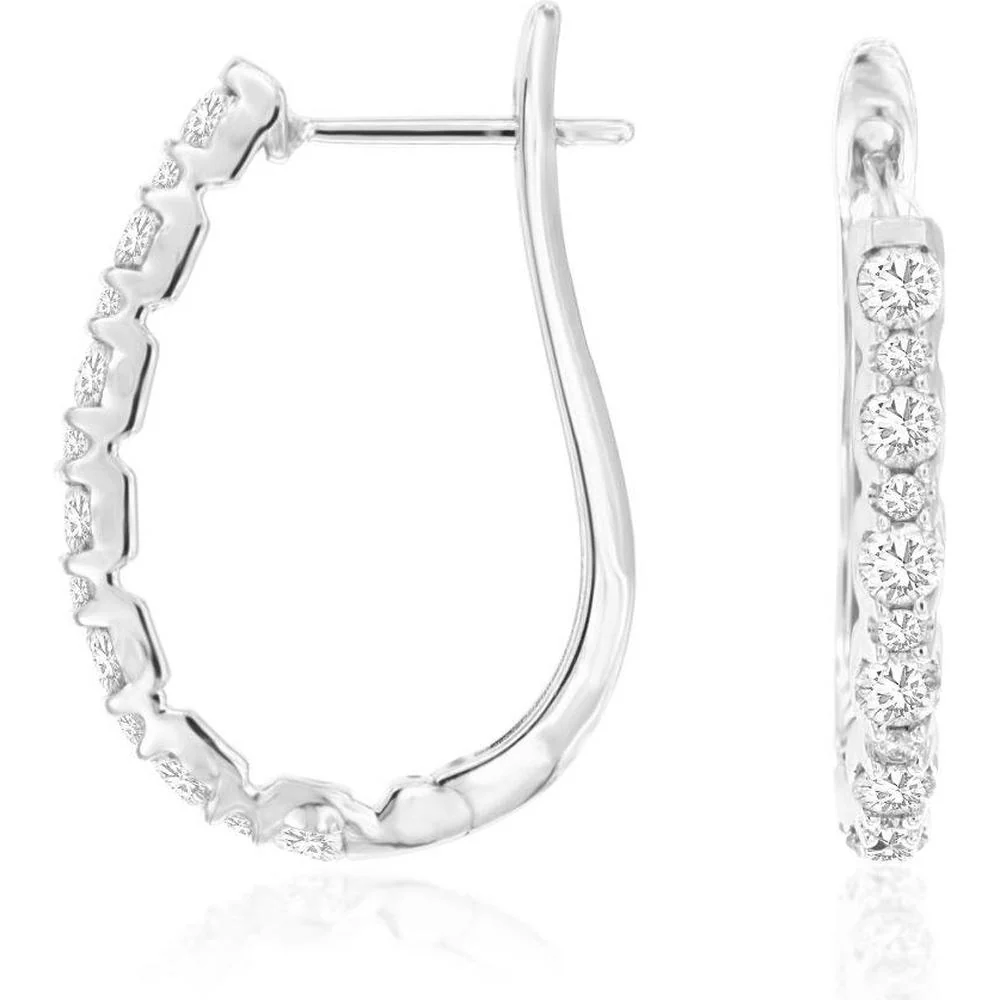 14K White Gold Open Wave Hoop Earrings with Channel Set Round Brilliant Diamonds - 1.00 Carat Total Diamond Weight - Royal Jewelry