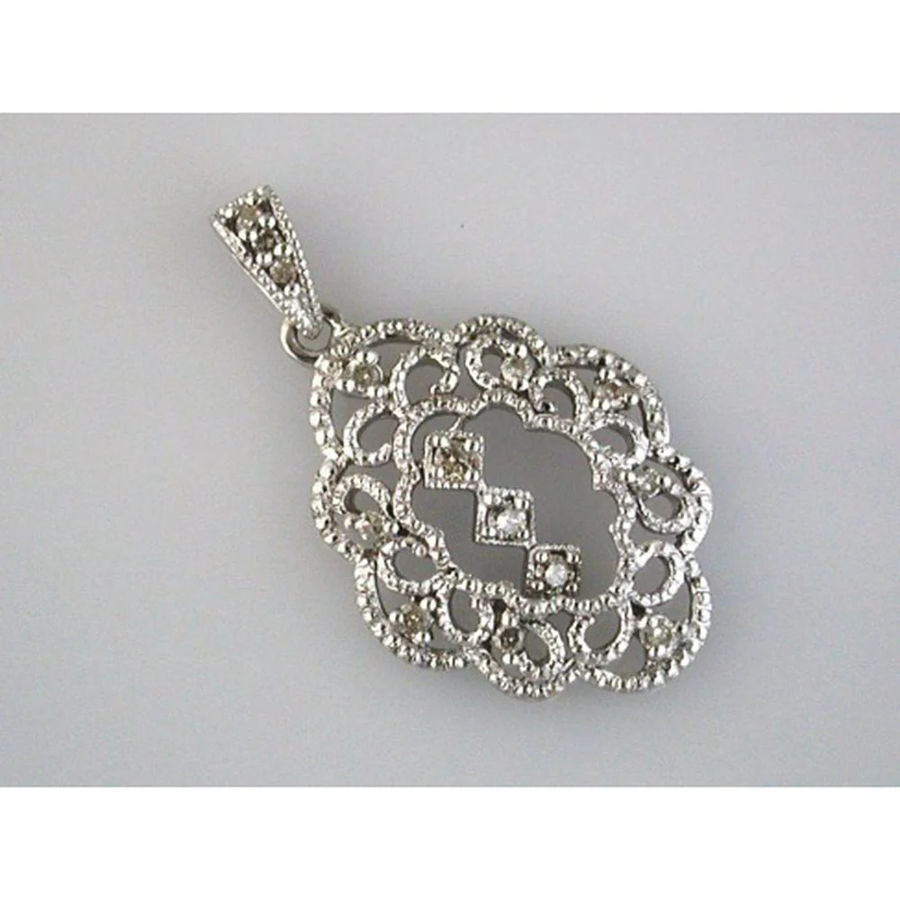 14K White Gold Openwork Milgrain-Style Diamond Pendant with Round Diamonds - 0.10 Carat Total Diamond Weight - Royal Jewelry
