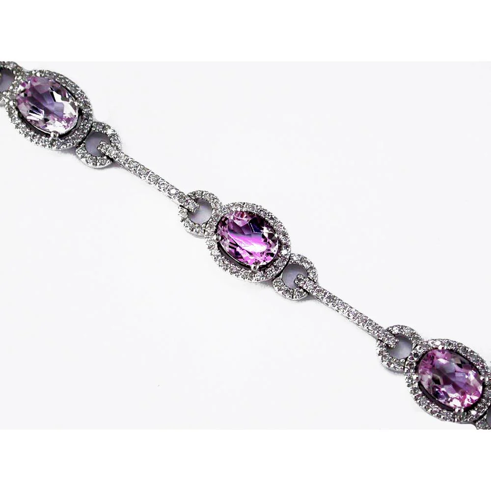 14K White Gold Oval Amethyst & Diamond Halo Link Bracelet - 7.20 Carats Total Amethyst Weight with 1.10 Carat Center Stone - Royal Jewelry