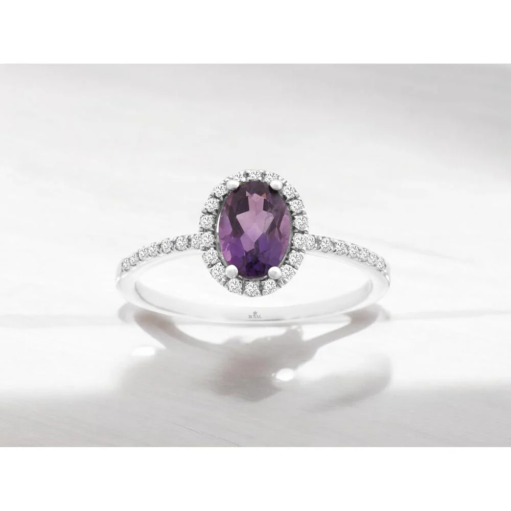 14K White Gold Oval Amethyst and Diamond Halo Ring - 0.70 Carat Amethyst and 0.17 Carat Total Diamond Weight - Royal Jewelry - Image 2