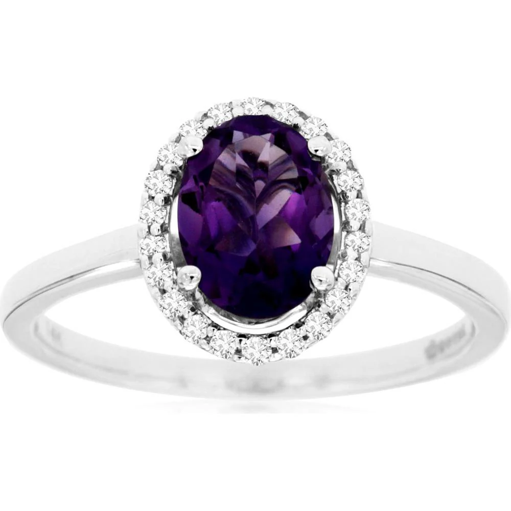 14K White Gold Oval Amethyst and Diamond Halo Ring - 1.10 Carat Amethyst and 0.12 Carat Total Diamond Weight - Royal Jewelry