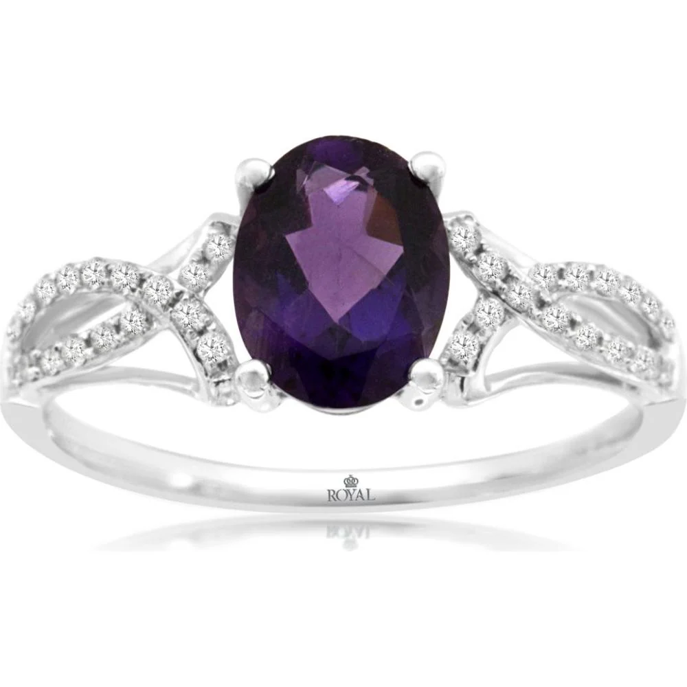 14K White Gold Oval Amethyst and Diamond Ring with Split Shank Design - 1.20 Carat Amethyst and 0.14 Carat Total Diamond Weight - Royal Jewelry