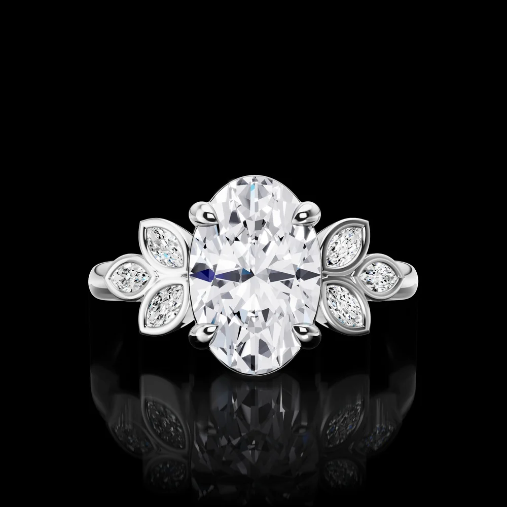 14K White Gold Oval & Marquise Lab Diamond Floral Ring - 1.72 Carats Total Diamond Weight, Featuring 1.52 Carats Center D VS2 Oval and Six Marquise Accents - Covaloro Fine Jewelry