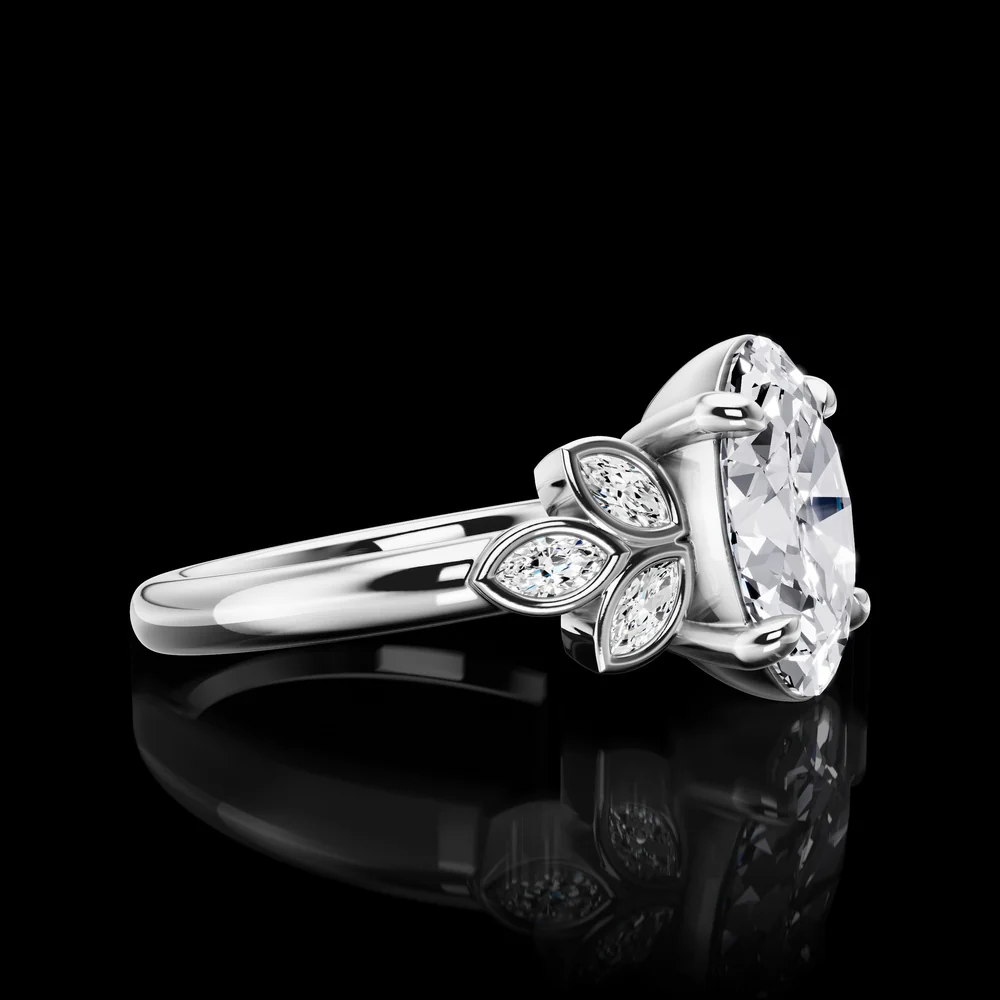 14K White Gold Oval & Marquise Lab Diamond Floral Ring - 1.72 Carats Total Diamond Weight, Featuring 1.52 Carats Center D VS2 Oval and Six Marquise Accents - Covaloro Fine Jewelry - Image 2