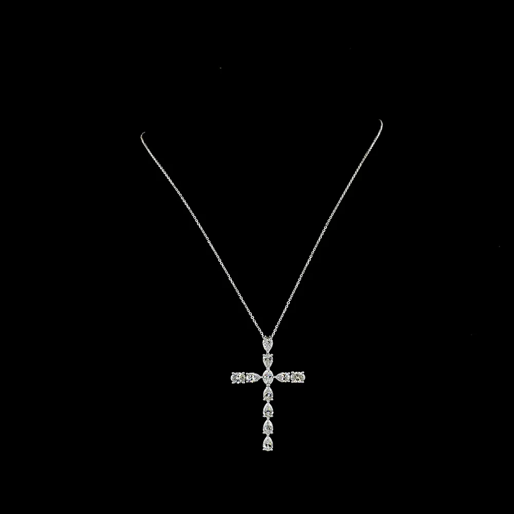 14K White Gold Oval and Pear Shaped Lab Diamond Cross Pendant - 4.18 Carat Total Diamond Weight - Covaloro Fine Jewelry