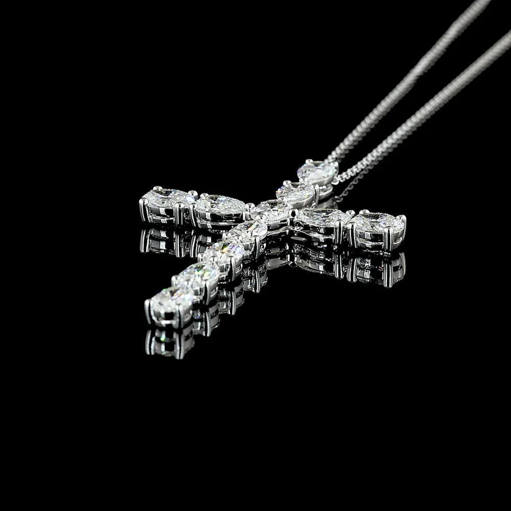 14K White Gold Oval and Pear Shaped Lab Diamond Cross Pendant - 4.18 Carat Total Diamond Weight - Covaloro Fine Jewelry - Image 4