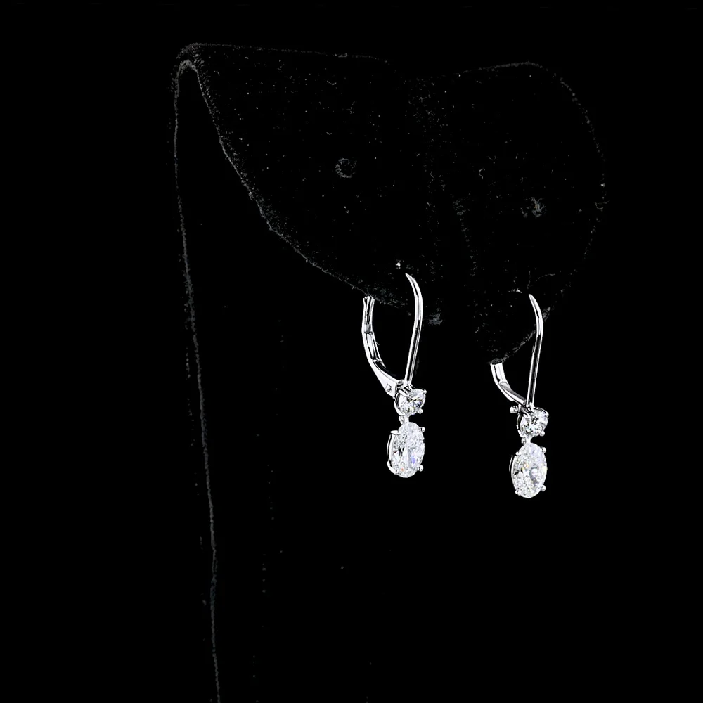 14K White Gold Oval and Round Lab Diamond Drop Earrings with Lever-Back Closures - 1.34 Carats Total Diamond Weight (E-F VS Clarity) - Covaloro Fine Jewelry