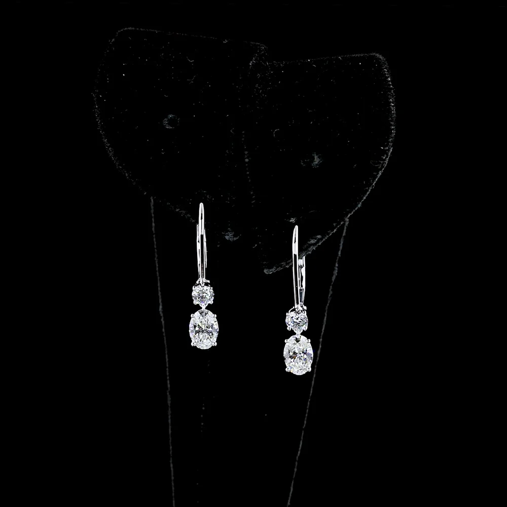 14K White Gold Oval and Round Lab Diamond Drop Earrings with Lever-Back Closures - 1.34 Carats Total Diamond Weight (E-F VS Clarity) - Covaloro Fine Jewelry - Image 2