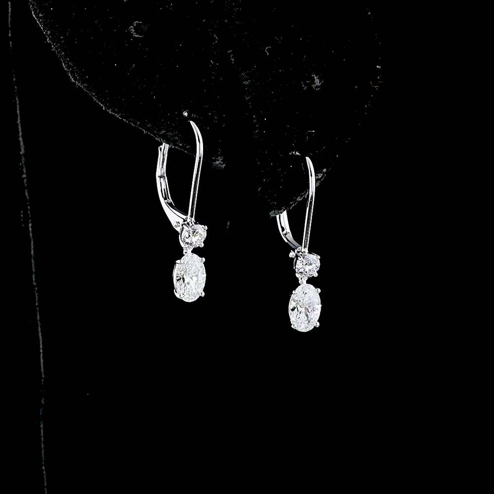 14K White Gold Oval and Round Lab Diamond Drop Earrings with Lever-Back Closures - 1.34 Carats Total Diamond Weight (E-F VS Clarity) - Covaloro Fine Jewelry - Image 3