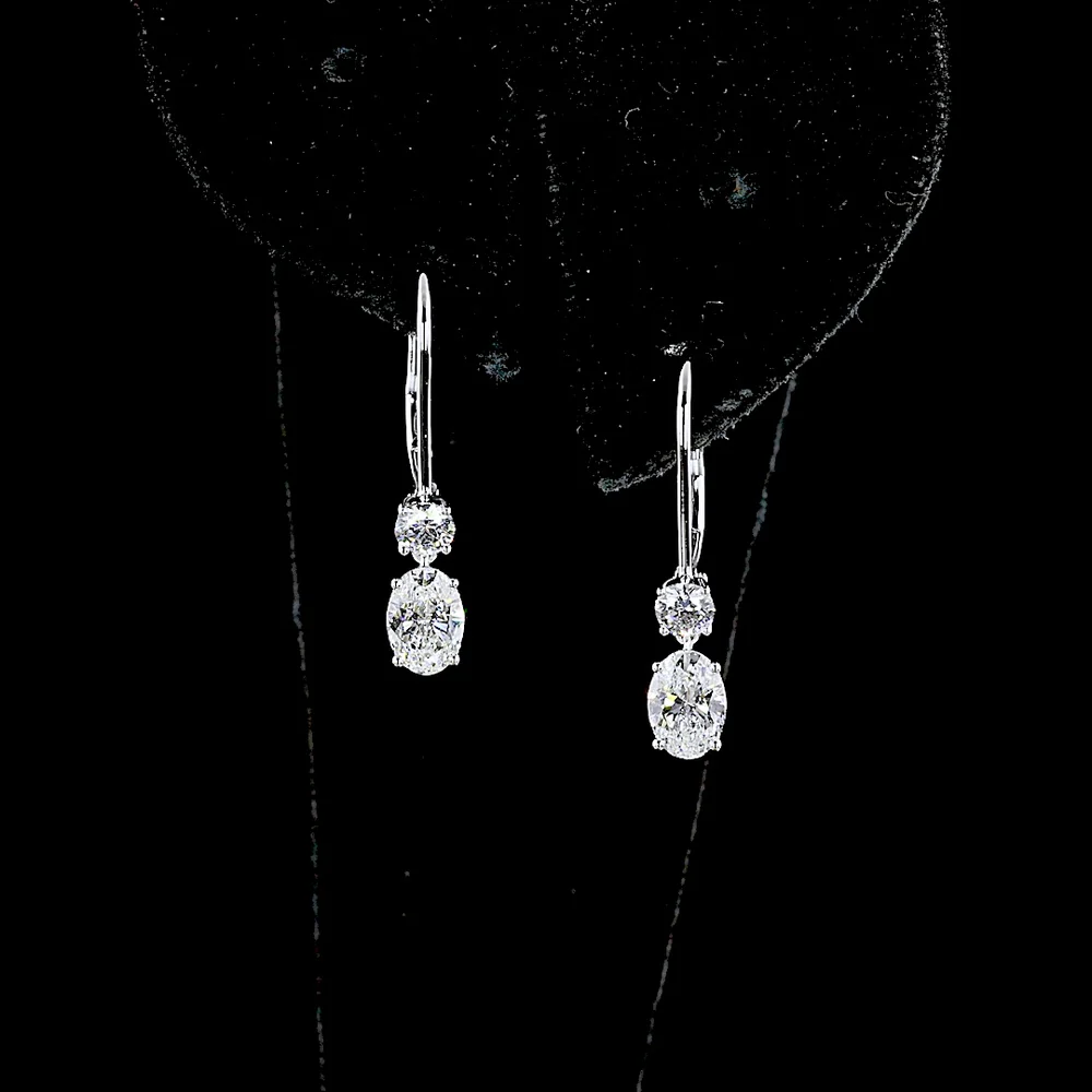 14K White Gold Oval and Round Lab Diamond Drop Earrings with Lever-Back Closures - 1.34 Carats Total Diamond Weight (E-F VS Clarity) - Covaloro Fine Jewelry - Image 4