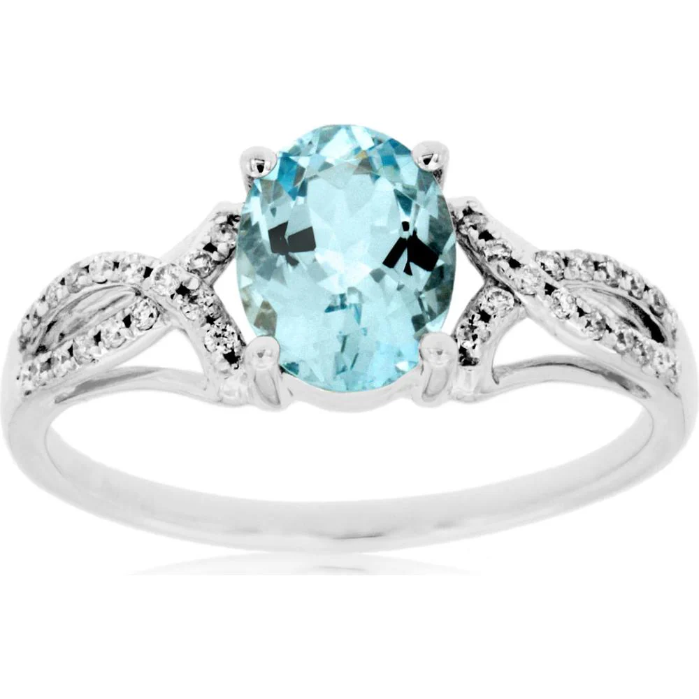 14K White Gold Oval Aquamarine and Diamond Accent Ring with 1.10 Carat Aquamarine and 0.14 Carat Total Diamond Weight - Royal Jewelry
