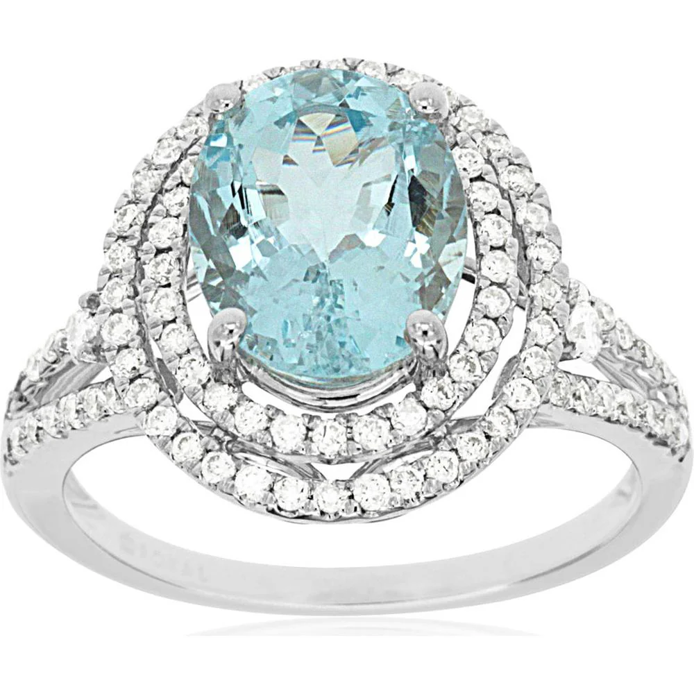 14K White Gold Oval Aquamarine & Diamond Double Halo Split Shank Ring - 2.05 Carat Aquamarine & 0.44 Carat Total Diamond Weight - Royal Jewelry