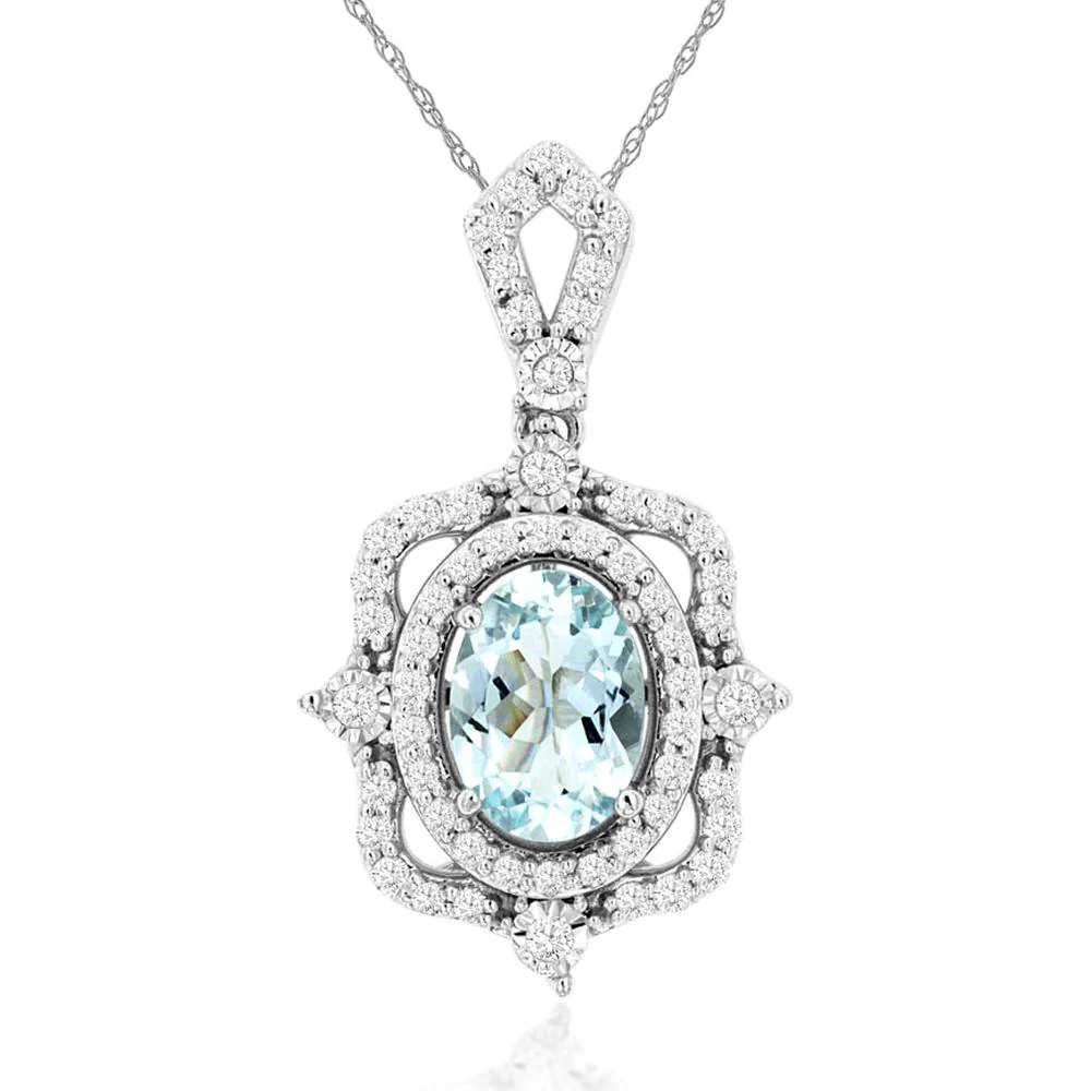 14K White Gold Oval Aquamarine and Diamond Halo Pendant with 0.68 Carat Aquamarine and 0.25 Carat Total Diamond Weight - Royal Jewelry