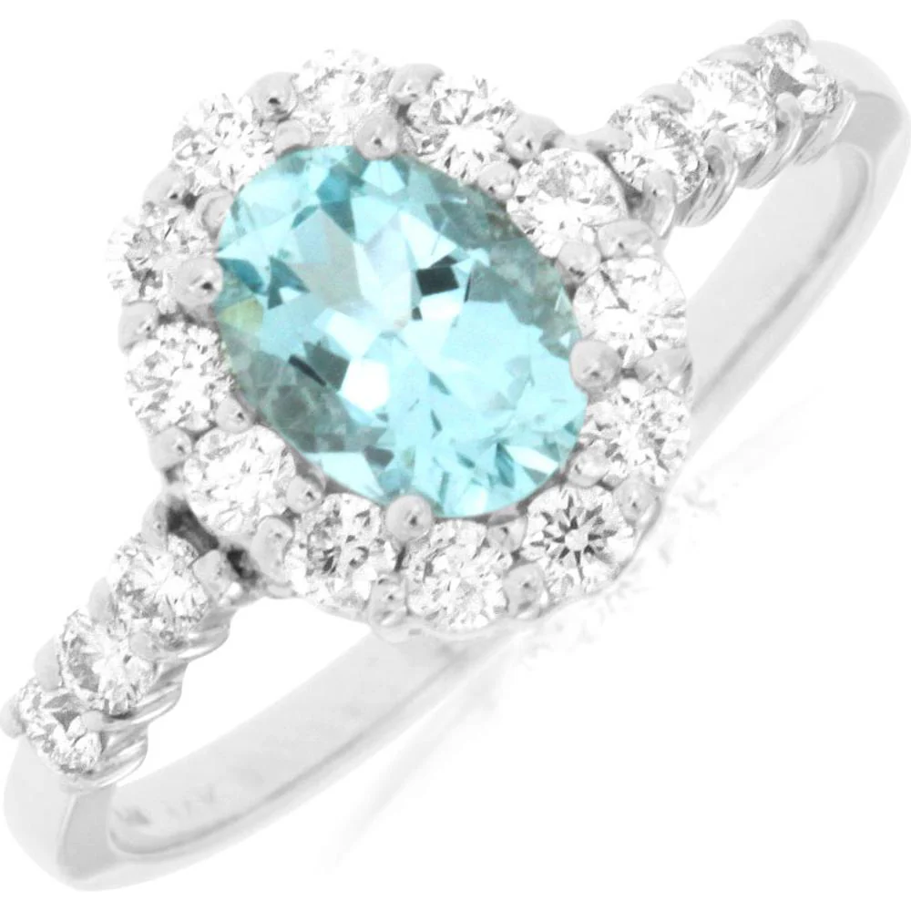 14K White Gold Oval Aquamarine and Diamond Halo Ring - 0.65 Carat Aquamarine and 0.47 Carat Total Diamond Weight - Royal Jewelry