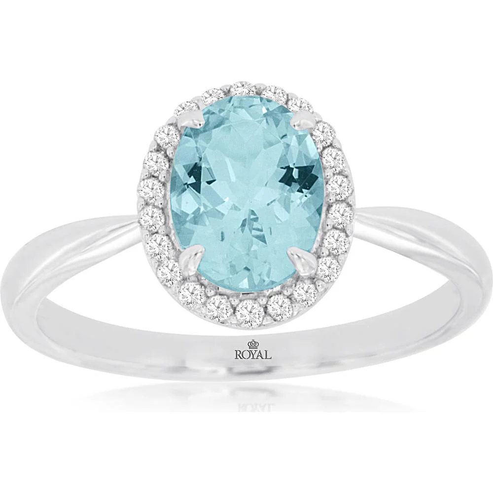 14K White Gold Oval Aquamarine and Diamond Halo Ring - 1.10 Carat Aquamarine, 0.14 Carat Total Diamond Weight - Royal Jewelry