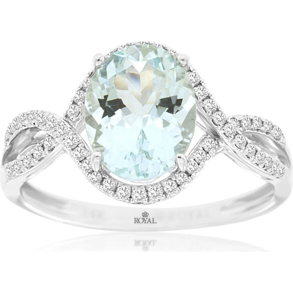 14K White Gold Oval Aquamarine and Diamond Halo Ring with Pavé Twist Split Shank - 1.50 Carat Aquamarine, 0.22 Carat Total Diamond Weight - Royal Jewelry