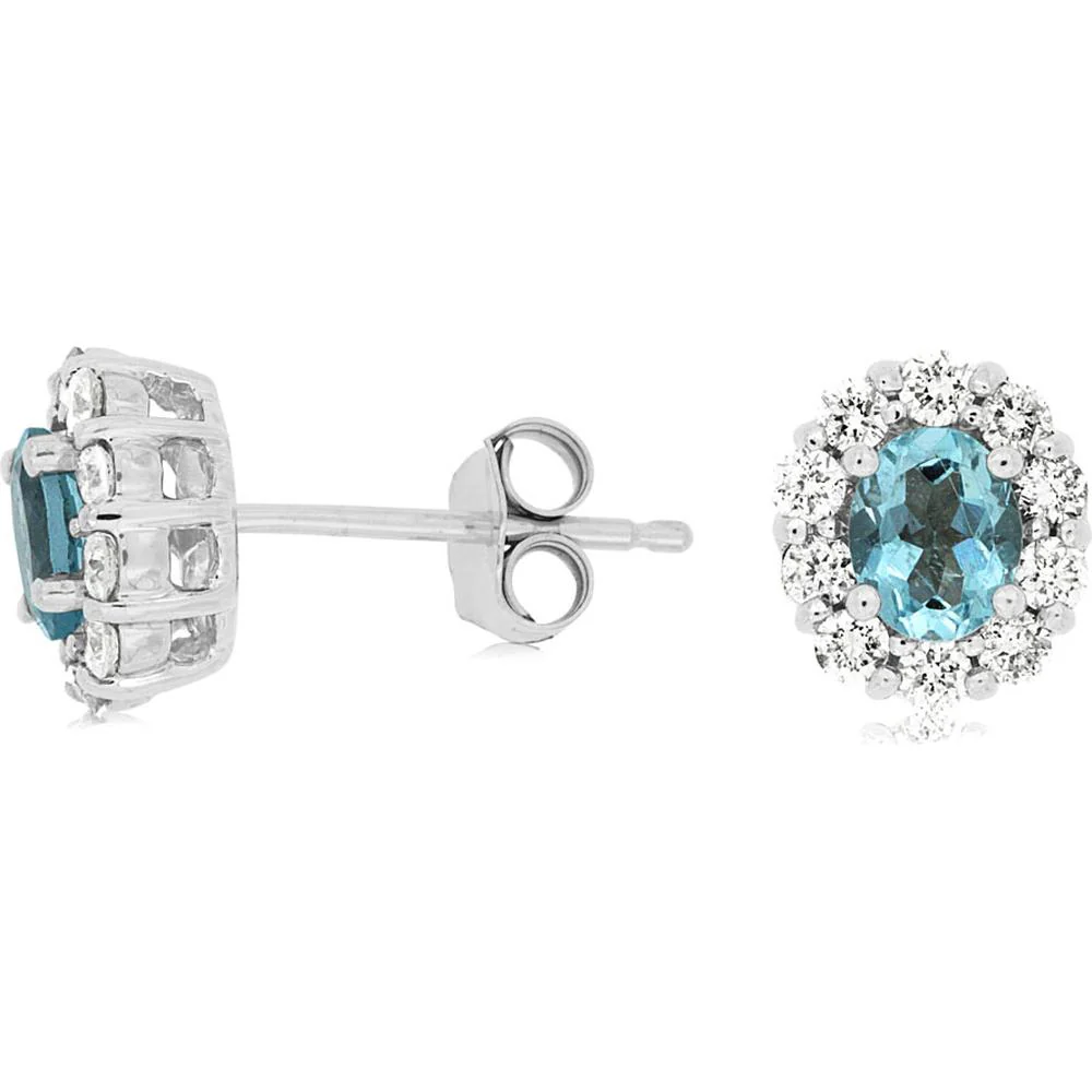 14K White Gold Oval Aquamarine and Diamond Halo Stud Earrings - 0.60 Carat Total Aquamarine Weight and 0.45 Carat Total Diamond Weight - Royal Jewelry
