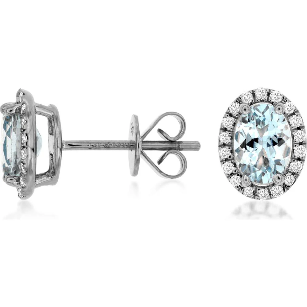 14K White Gold Oval Aquamarine and Diamond Halo Stud Earrings - 1.35 Carat Total Aquamarine Weight, 0.19 Carat Total Diamond Weight - Royal Jewelry