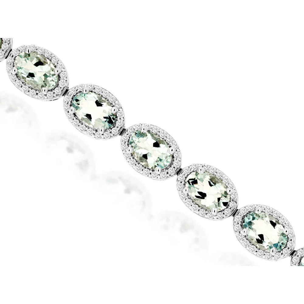 14K White Gold Oval Aquamarine & Diamond Halo Tennis Bracelet - 8.40 Carat Aquamarine Total Weight, 1.40 Carat Diamond Total Weight - Royal Jewelry
