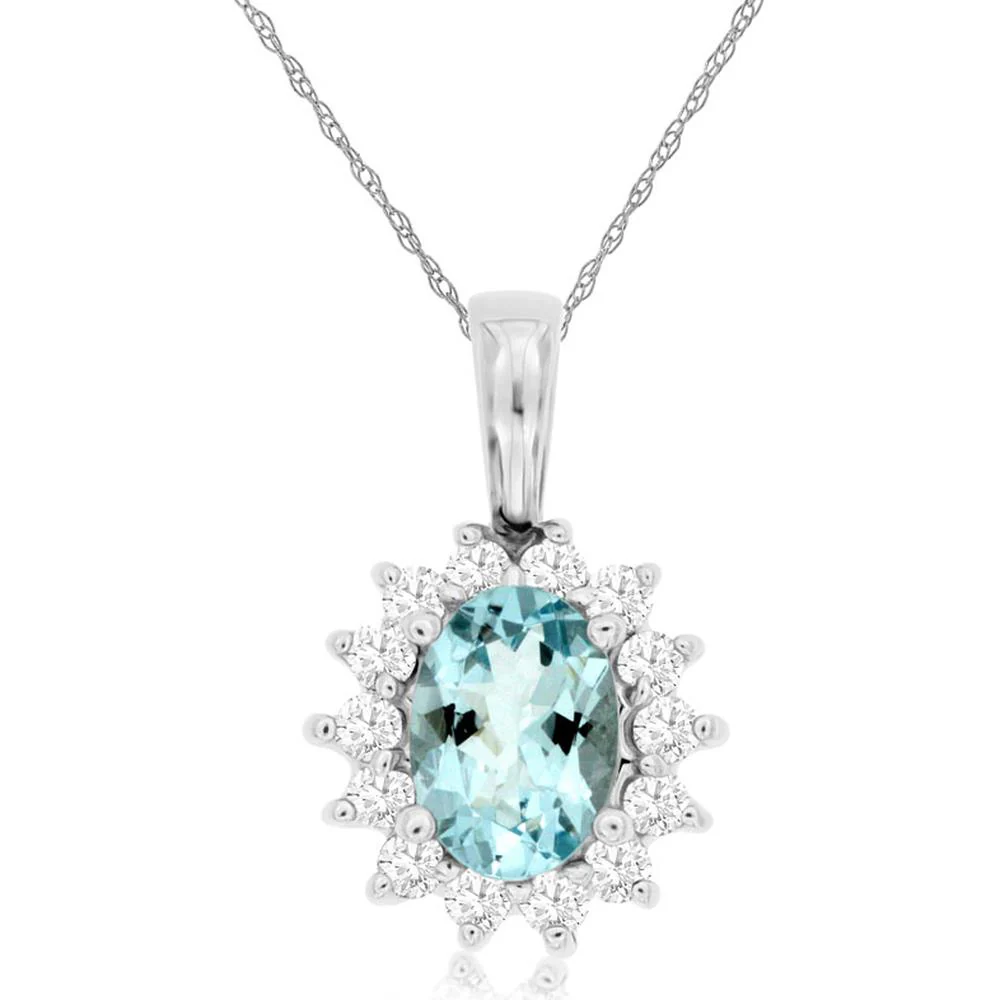 14K White Gold Oval Aquamarine Pendant with Diamond Halo - 0.68 Carat Aquamarine and 0.30 Carat Total Diamond Weight - Royal Jewelry