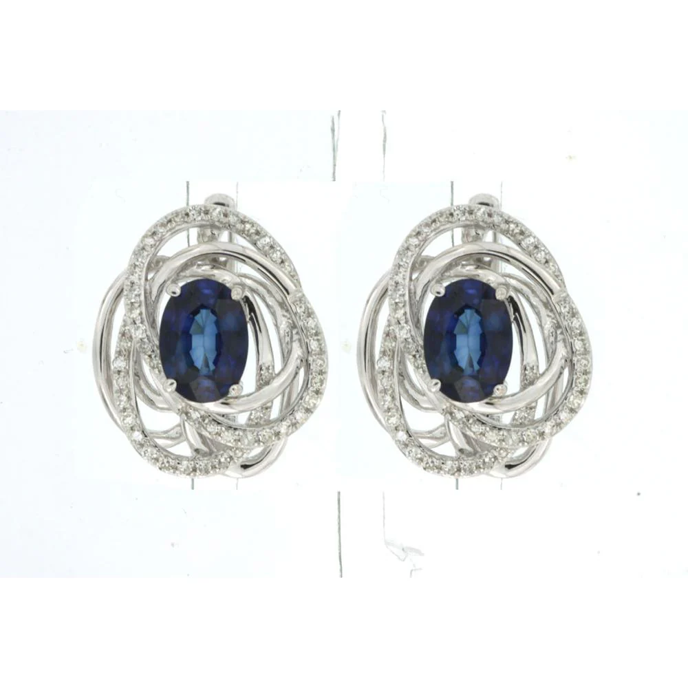 14K White Gold Oval Blue Sapphire and Diamond Halo Earrings - 2.00 Carat Total Sapphire Weight, 0.30 Carat Total Diamond Weight - Royal Jewelry