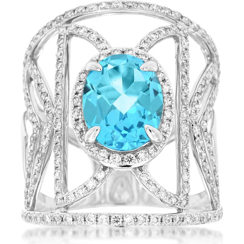 14K White Gold Oval Blue Topaz and Diamond Halo Openwork Ring - 3.20 Carat Blue Topaz, 1.05 Carat Total Diamond Weight - Royal Jewelry