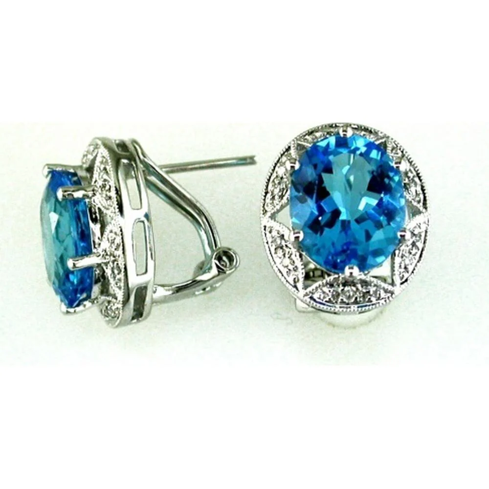 14K White Gold Oval Blue Topaz and Round Diamond Stud Earrings - 5.20 Carat Total Blue Topaz Weight and 0.10 Carat Total Diamond Weight - Royal Jewelry
