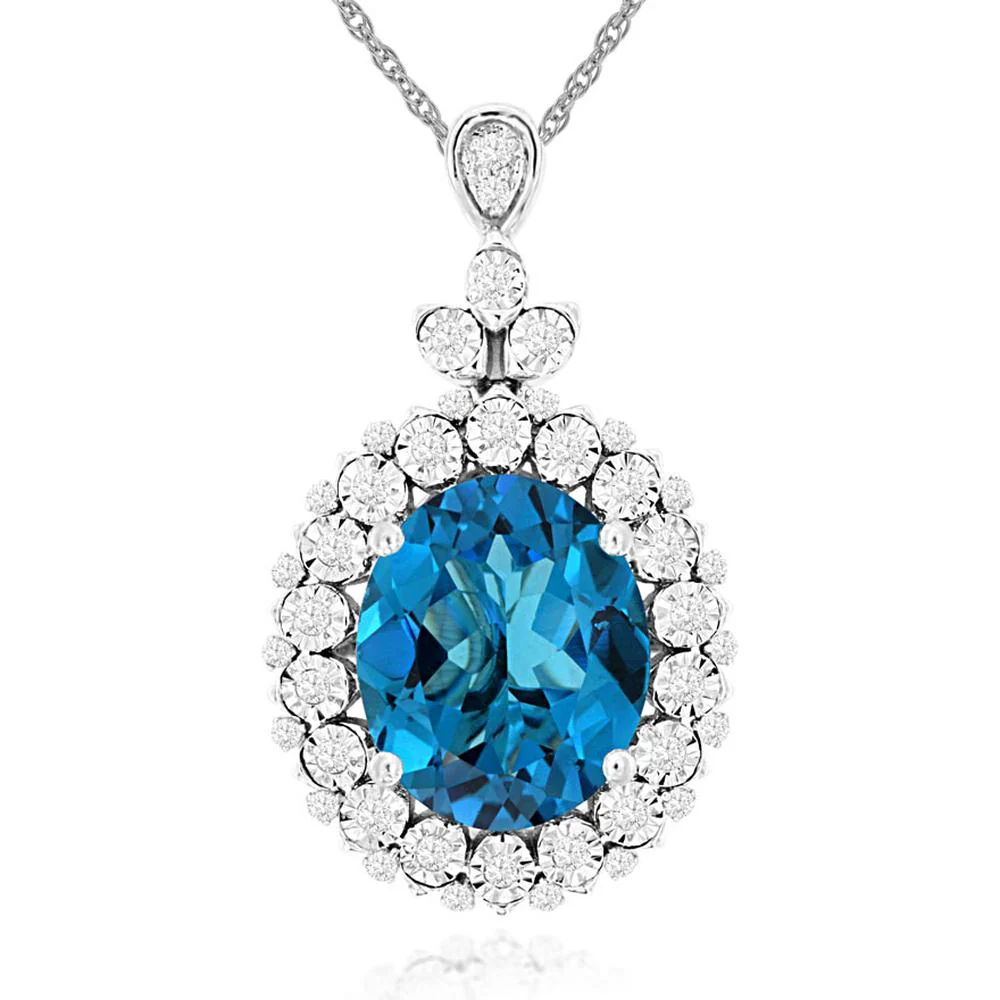 14K White Gold Oval Blue Topaz Pendant with Diamond Halo Accents - 5.60 Carat Blue Topaz and 0.25 Carat Total Diamond Weight - Royal Jewelry