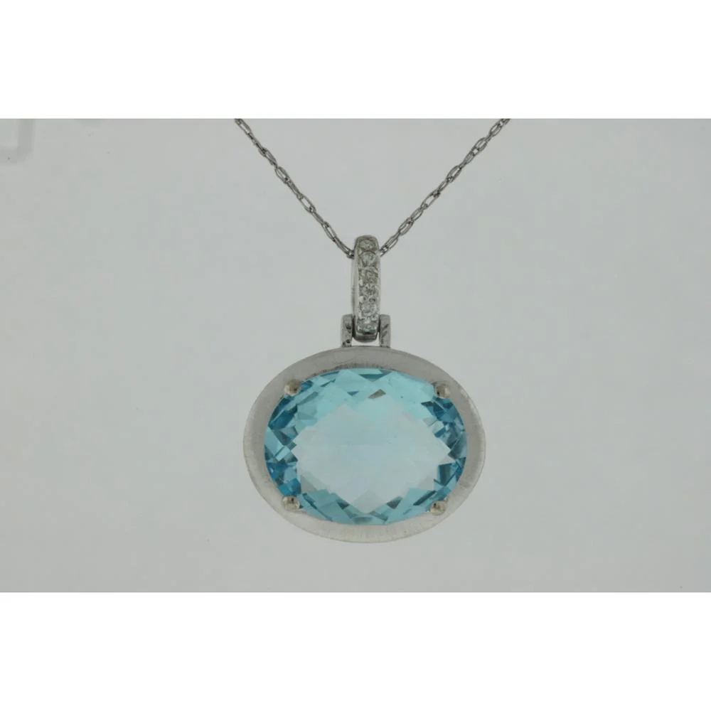 14K White Gold Oval Blue Topaz Pendant with Round Diamond Accent Bail - 6.30 Carat Blue Topaz and 0.03 Carat Total Diamond Weight - Royal Jewelry