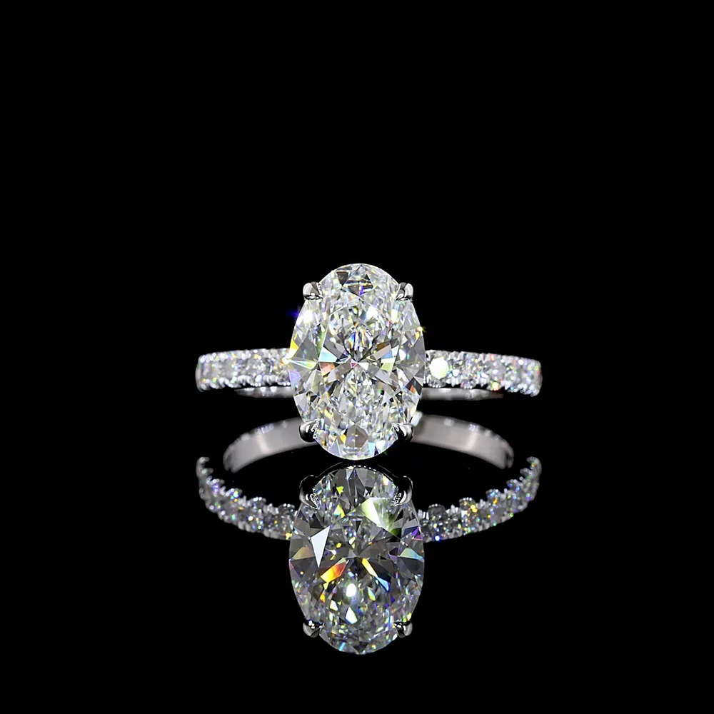 14K White Gold Oval Cut 2.57 Carat Lab Diamond Solitaire Ring with Diamond Shank and Accent Brilliant Cut Stones - 2.98 Carat Total Diamond Weight, IGI Certified E VVS2 - Covaloro Fine Jewelry