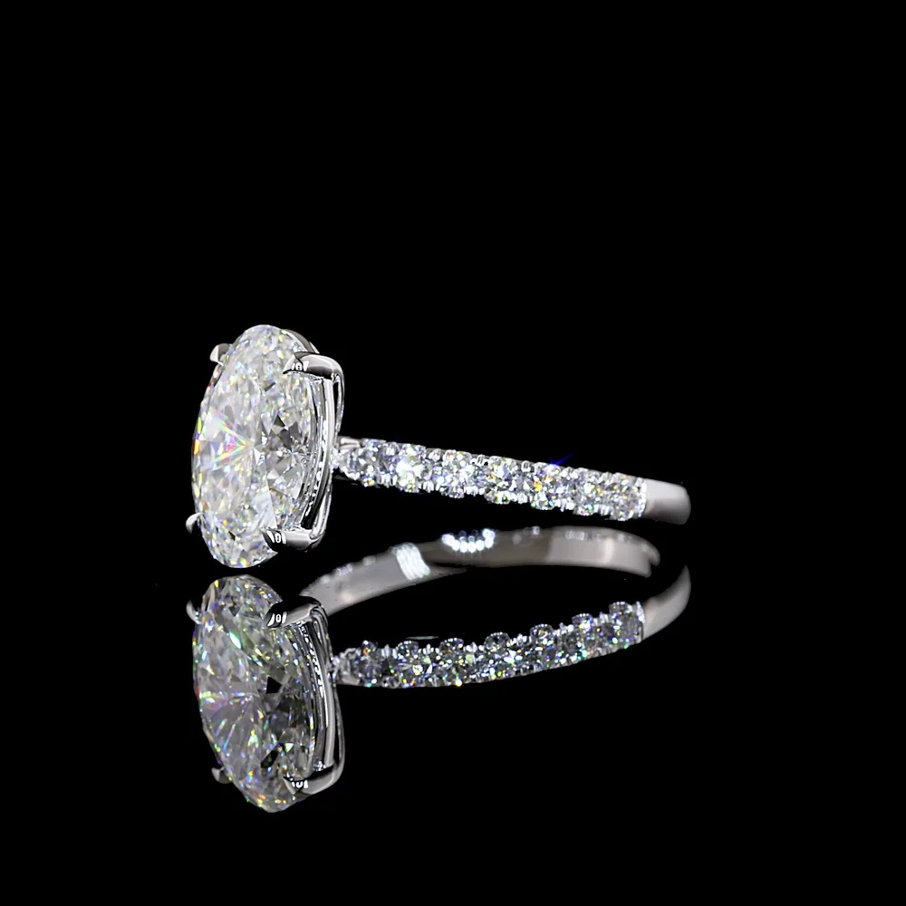 14K White Gold Oval Cut 2.57 Carat Lab Diamond Solitaire Ring with Diamond Shank and Accent Brilliant Cut Stones - 2.98 Carat Total Diamond Weight, IGI Certified E VVS2 - Covaloro Fine Jewelry - Image 3
