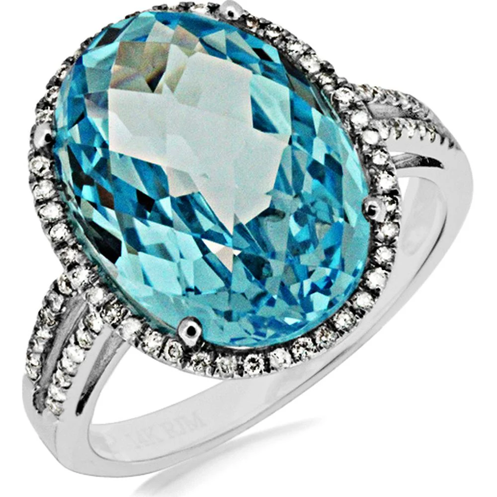 14K White Gold Oval Cut Blue Topaz and Diamond Halo Ring - 10.00 Carat Blue Topaz, 0.22 Carat Total Diamond Weight - Royal Jewelry