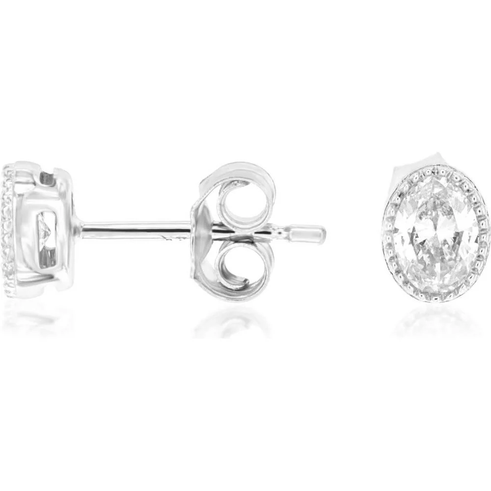 14K White Gold Oval Cut Diamond Earrings with Halo - 1.00 Carat Total Diamond Weight - Royal Jewelry