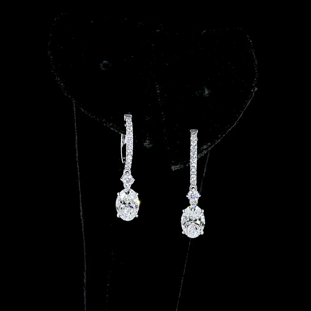 14K White Gold Oval Cut Lab Diamond Drop Earrings with Micro-Pavé Bar and East-West Setting - 1.88 Carats Total Diamond Weight - Covaloro Fine Jewelry