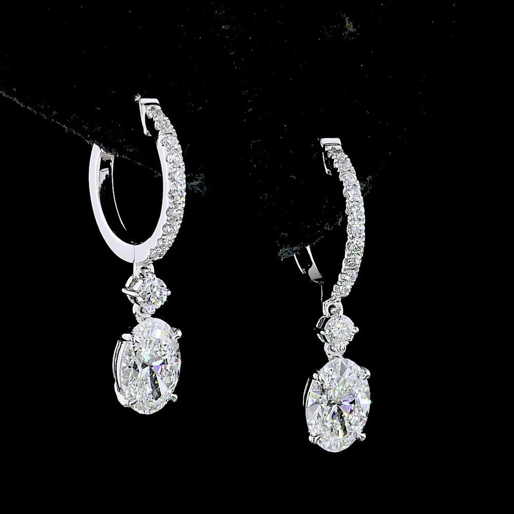 14K White Gold Oval Cut Lab Diamond Drop Earrings with Micro-Pavé Bar and East-West Setting - 1.88 Carats Total Diamond Weight - Covaloro Fine Jewelry - Image 2