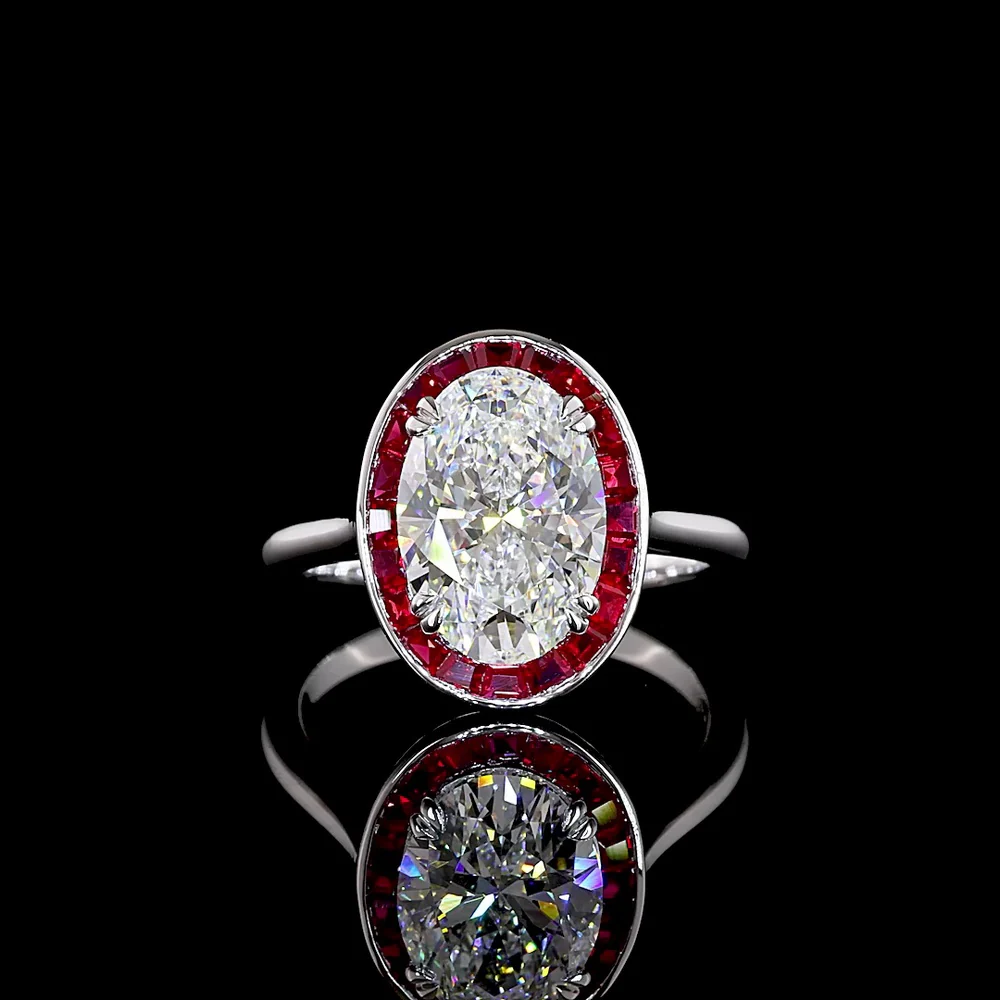 14K White Gold Oval Cut Lab Diamond Halo Ring with Ruby Border - 3.10 Carat D VVS2 Center Stone, IGI Certified - Covaloro Fine Jewelry