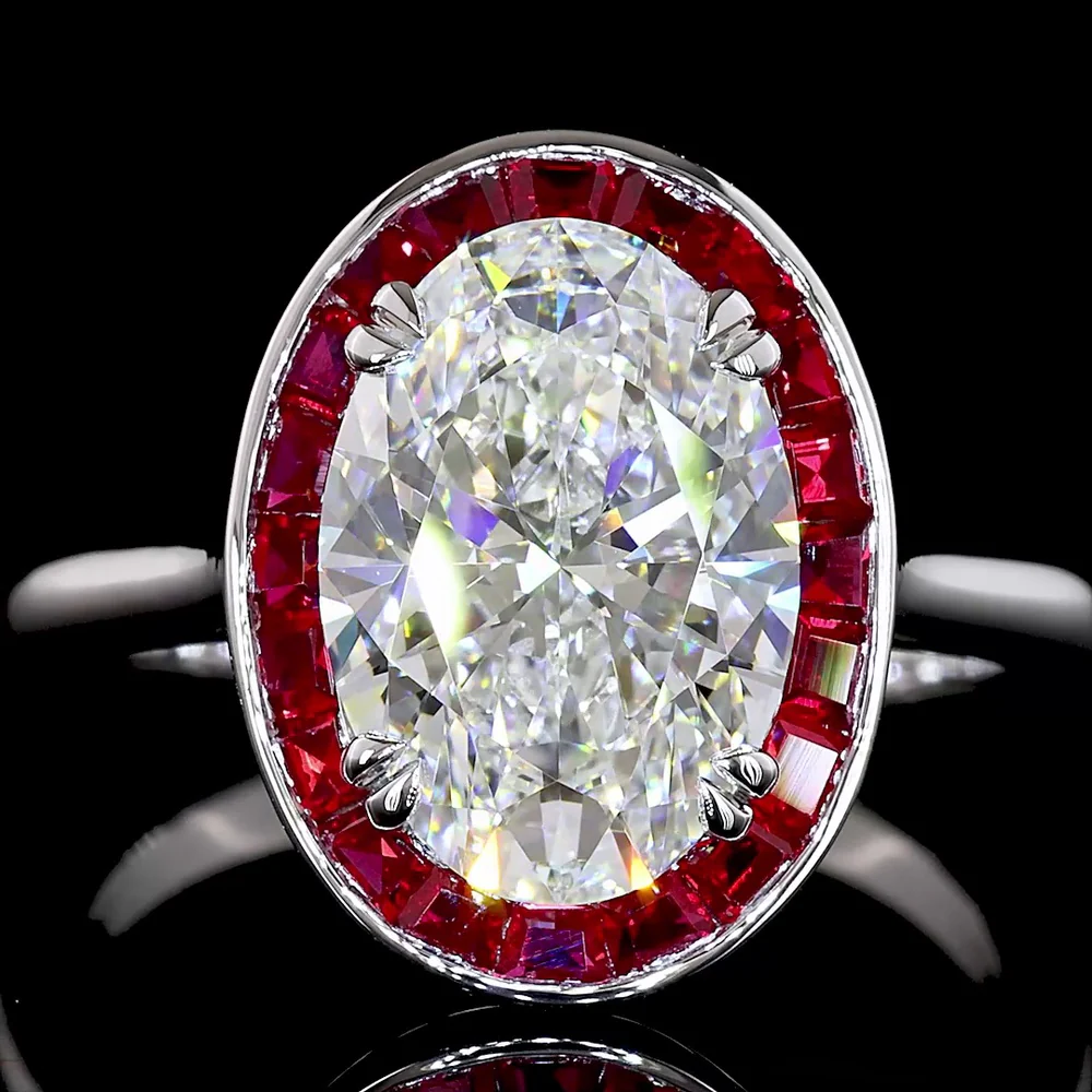 14K White Gold Oval Cut Lab Diamond Halo Ring with Ruby Border - 3.10 Carat D VVS2 Center Stone, IGI Certified - Covaloro Fine Jewelry - Image 2