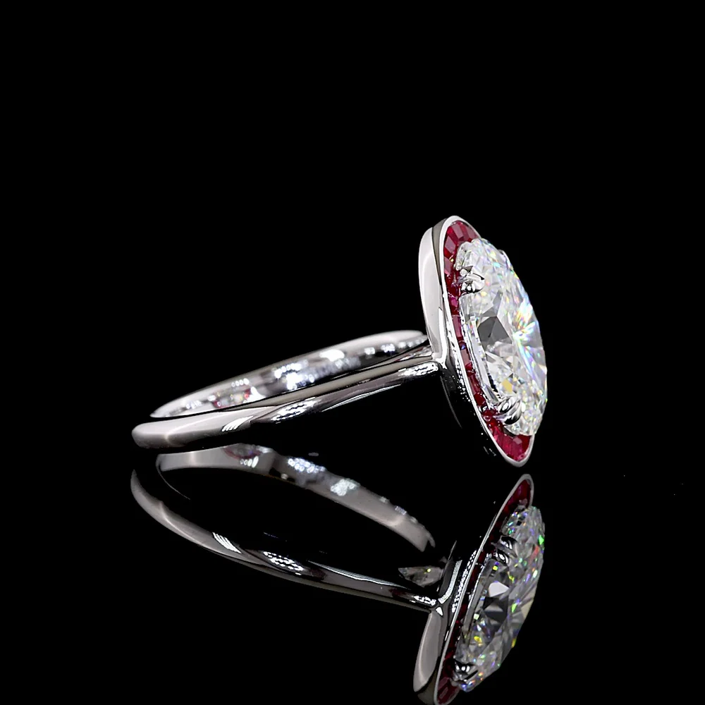 14K White Gold Oval Cut Lab Diamond Halo Ring with Ruby Border - 3.10 Carat D VVS2 Center Stone, IGI Certified - Covaloro Fine Jewelry - Image 3