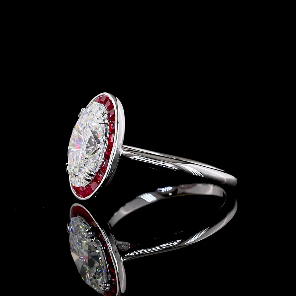 14K White Gold Oval Cut Lab Diamond Halo Ring with Ruby Border - 3.10 Carat D VVS2 Center Stone, IGI Certified - Covaloro Fine Jewelry - Image 4
