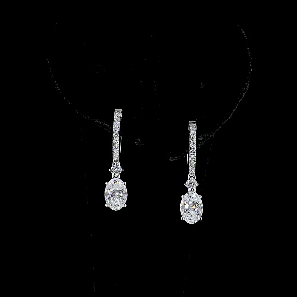 14K White Gold Oval Cut Lab Diamond Hanging Drop Earrings - 1.93 Total Carat Weight with Pavé Hoop Bar - Covaloro Fine Jewelry