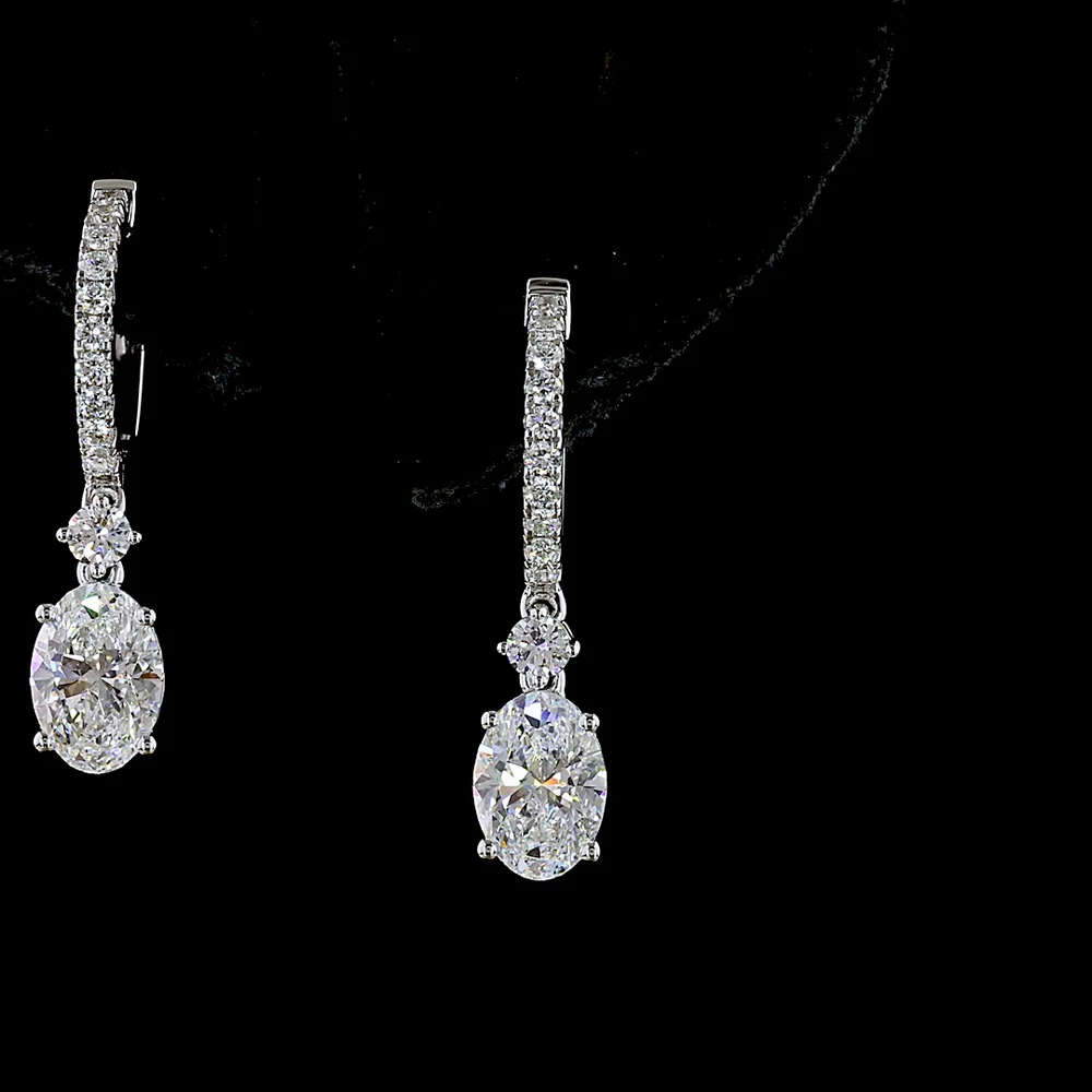14K White Gold Oval Cut Lab Diamond Hanging Drop Earrings - 1.93 Total Carat Weight with Pavé Hoop Bar - Covaloro Fine Jewelry - Image 2