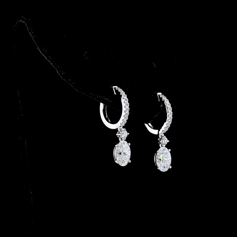 14K White Gold Oval Cut Lab Diamond Hanging Drop Earrings - 1.93 Total Carat Weight with Pavé Hoop Bar - Covaloro Fine Jewelry - Image 3