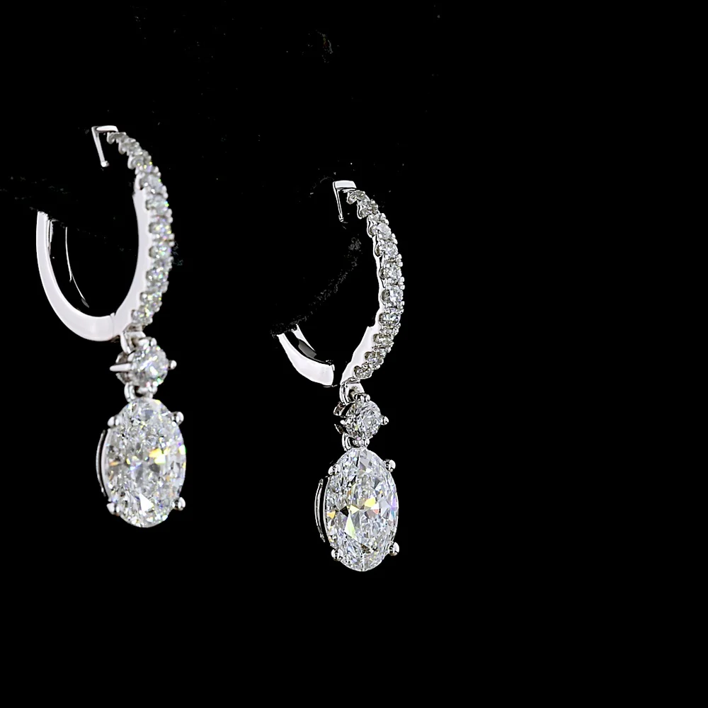 14K White Gold Oval Cut Lab Diamond Hanging Drop Earrings - 1.93 Total Carat Weight with Pavé Hoop Bar - Covaloro Fine Jewelry - Image 4