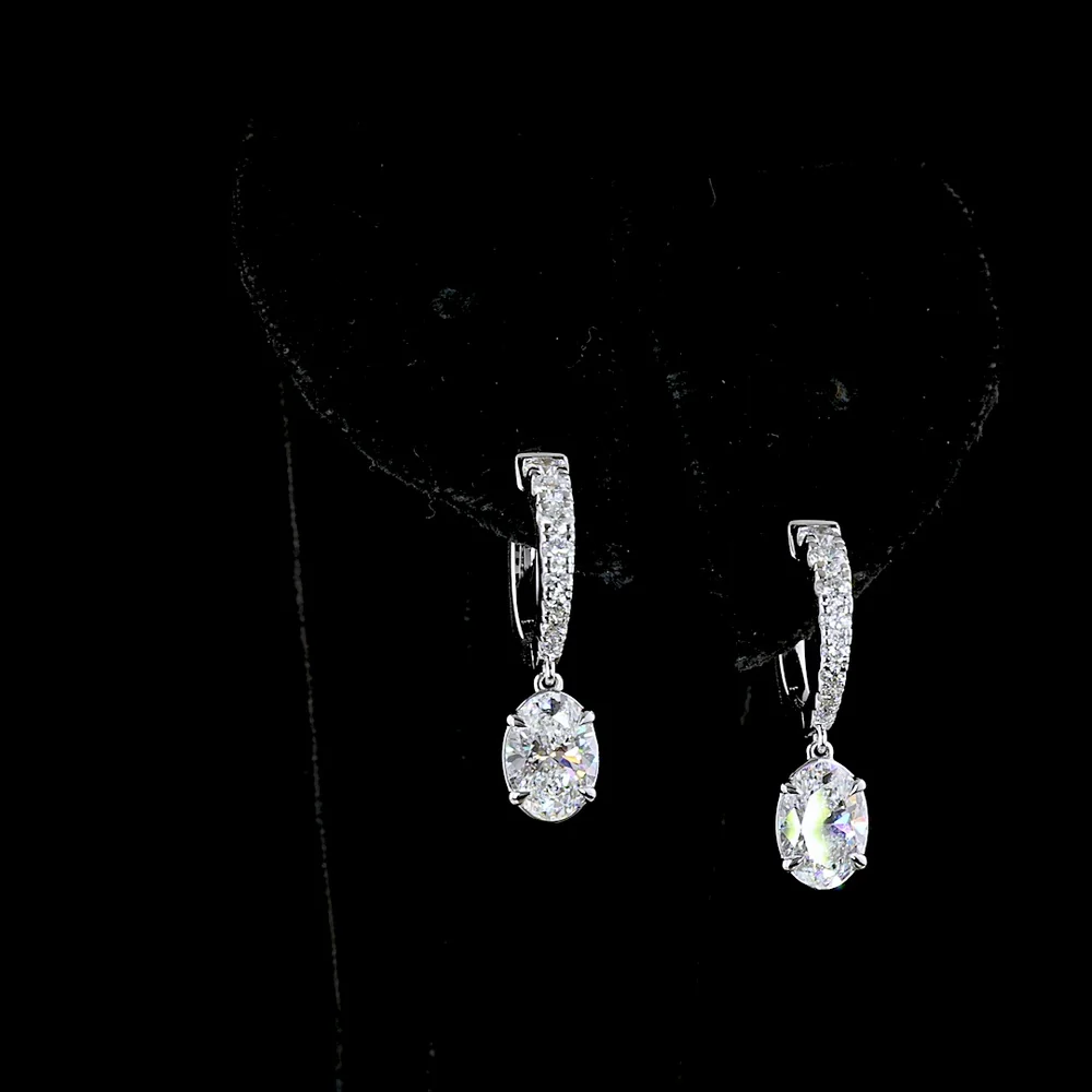 14K White Gold Oval Cut Lab Diamond Hanging Drop Earrings - 2.58 Carat Total Diamond Weight (E-F VS1) - Covaloro Fine Jewelry