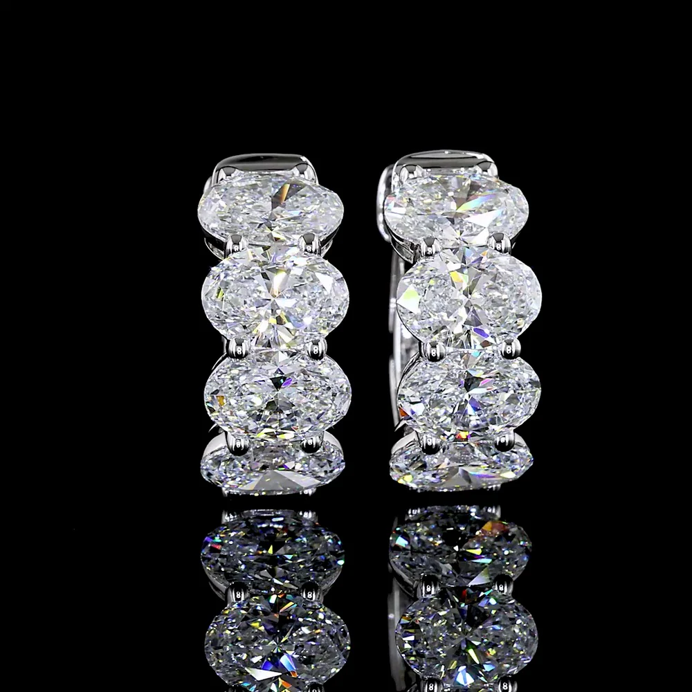 14K White Gold Oval Cut Lab Diamond Huggie Earrings - 3.69 Carats Total Diamond Weight (8 Stones, E-F VS2) - Covaloro Fine Jewelry