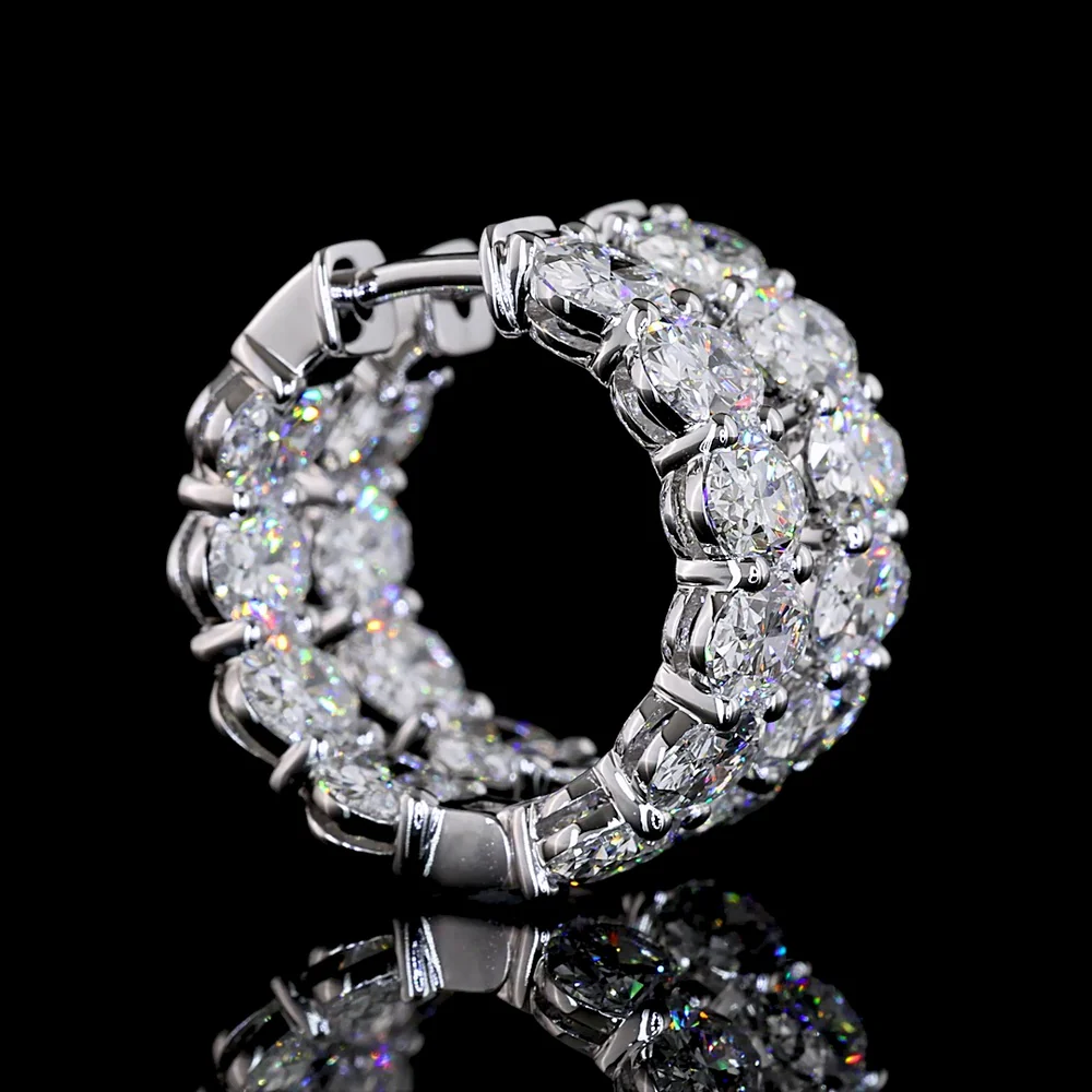 14K White Gold Oval Cut Lab Diamond Huggie Earrings - 6.24 Total Carat Weight, E-F Color VS1 Clarity, Prong Set - Covaloro Fine Jewelry