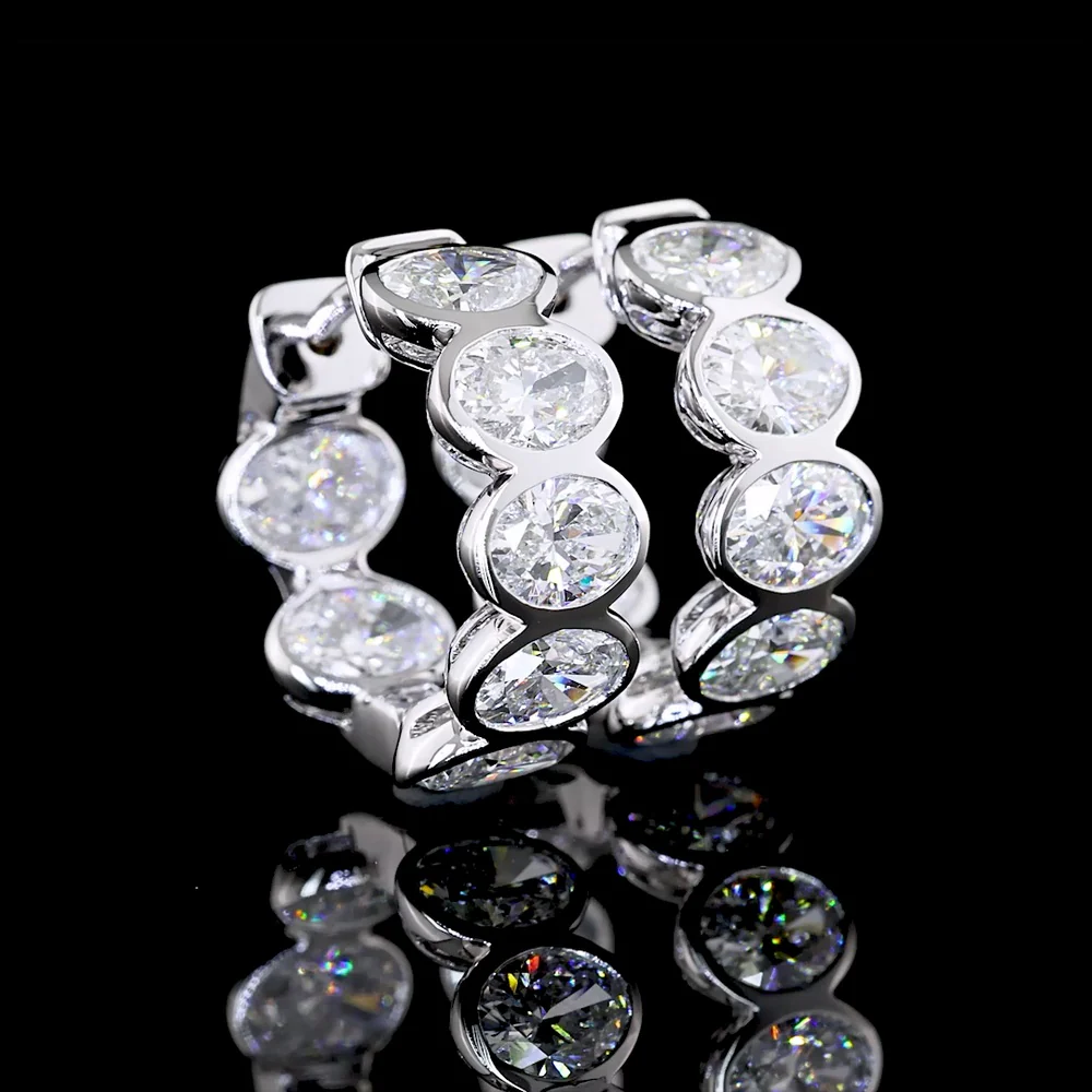 14K White Gold Oval Cut Lab Diamond Huggie Earrings with Bezel Setting - 3.03 Carats Total Diamond Weight (E-F Color, VS Clarity) - Covaloro Fine Jewelry